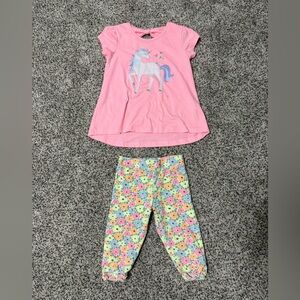 CR KIDS Pink Unicorn Tunic Top and Ruffle Capri Floral Leggings Set 3T